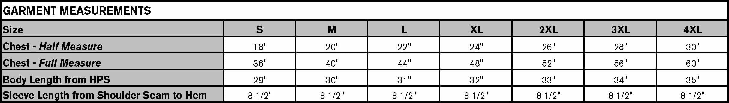 Size chart for men's and women's cotton tee measurements, displaying dimensions for accurate fitting