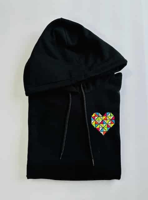 Front view of a large quilted heart hoodie, showcasing its unique design and cozy texture